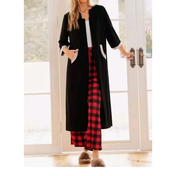 Ekouaer Women XL Zipper Robe 3/4 Sleeve Loungewear Full Length Duster Black Gray - Picture 3 of 7